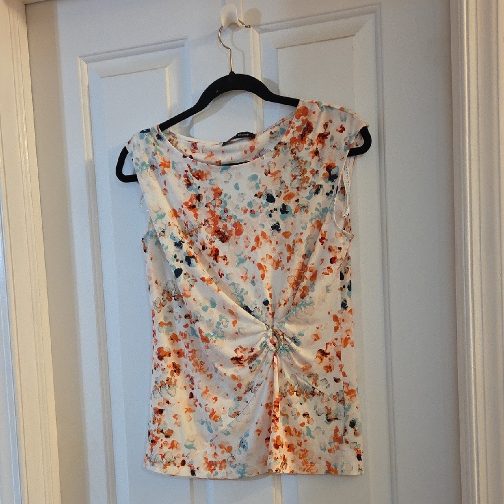 Ivanka Trump Cream Twist-Front Sleeveless Top with Orange and Blue Print Small